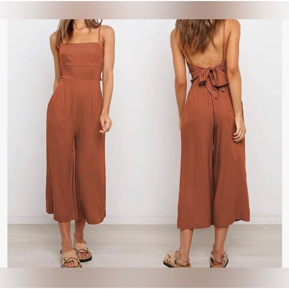 Anrabess Linen Blend Tie Back Crop Wide leg Jumpsuit Cream LARGE Square Neck